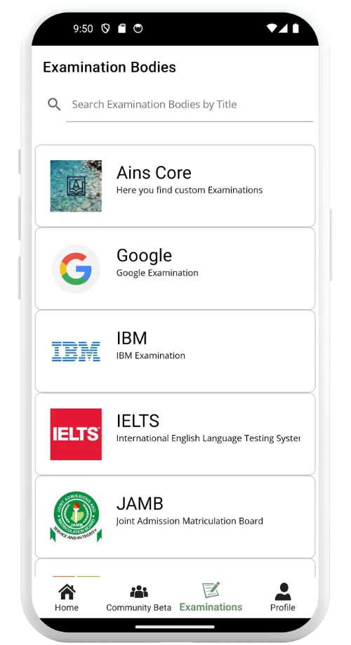 Examination bodies in Ains Examination for android