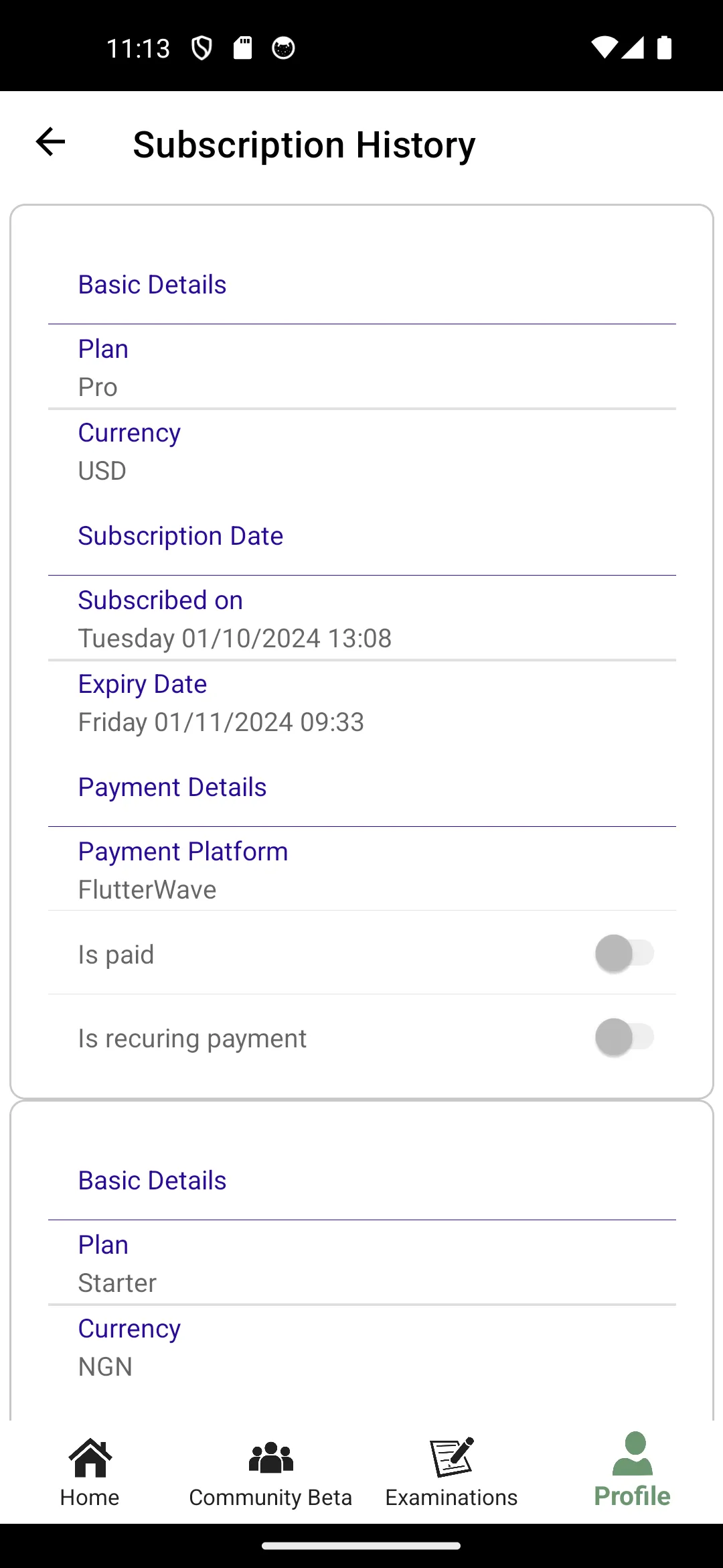 Ains Mobile Subscription History page